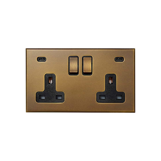 Soho Lighting Aged Brass 2 Gang 13A Double Pole Switched Socket 4.8A Type C+C USB Charging with Black Insert - The Palaces Collection