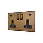 Soho Lighting Aged Brass 2 Gang 13A Double Pole Switched Socket 4.8A Type C+C USB Charging with Black Insert  - The Palaces Collection