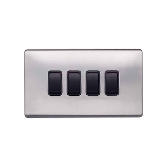 Lieber Brushed Chrome 10A 4 Gang 2 Way Switch - Black Insert Screwless