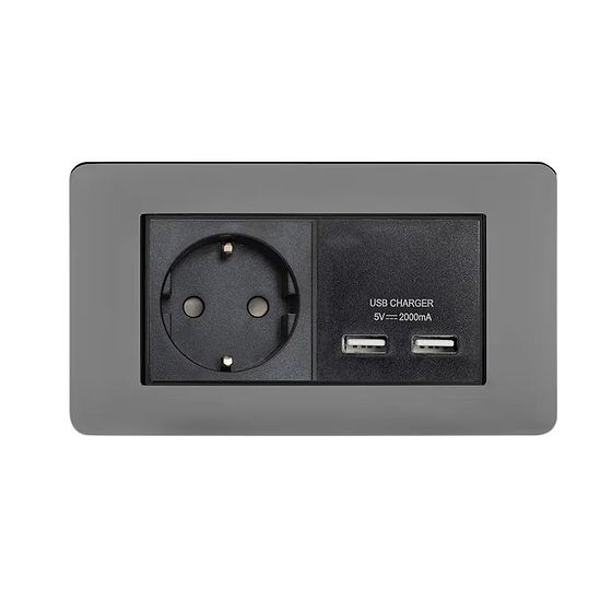 Soho Lighting Black Nickel Flat Plate 2 Gang European Schuko Socket with USB Screwless