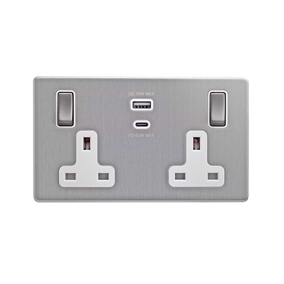 The Lombard Collection Brushed Chrome with White Insert 13A 2 Gang Super Fast Charge 45W USB A+C Socket