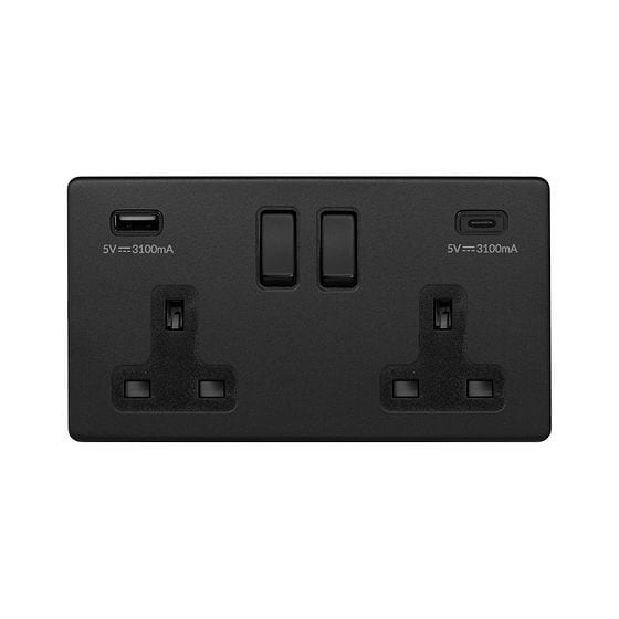 The Camden Collection Matt Black 2 Gang USB  A&C Socket (13A Socket + 2 USB Ports A&C 3.1A)