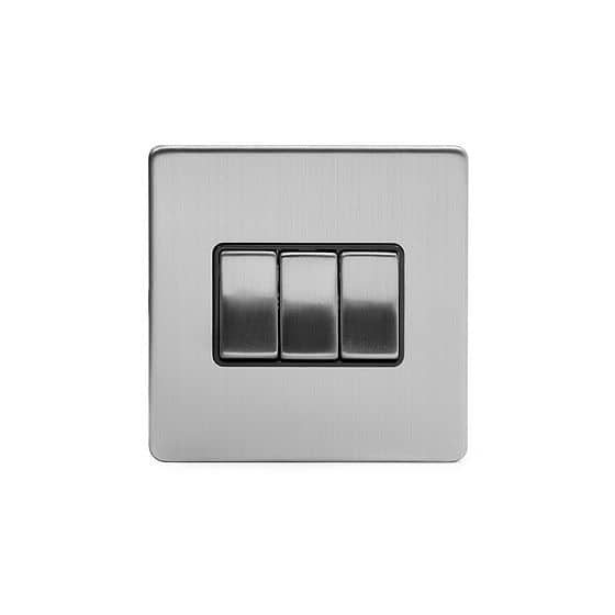 The Lombard Collection Brushed Chrome 3 Gang 2 Way 10A Light Switch Blk Ins Screwless
