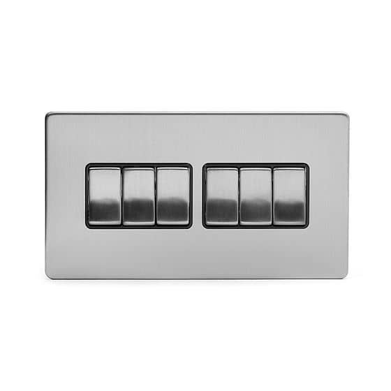 The Lombard Collection Brushed Chrome 6 Gang 2 Way 10A Light Switch Blk Ins Screwless