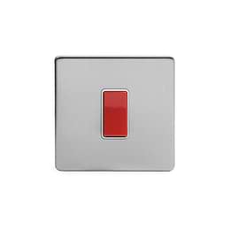 Brushed Chrome 45A 1 Gang Double Pole Switch, Single Plate with White Insert
