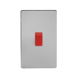 Brushed Chrome 45A 1 Gang Double Pole Switch, Large Plate with White Insert