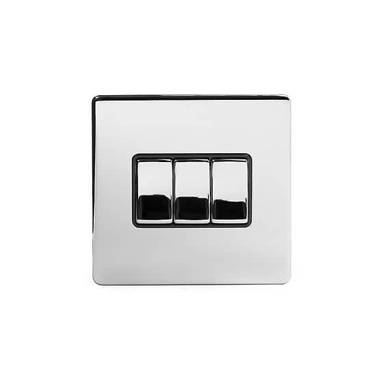 The Finsbury Collection Polished Chrome 3 Gang 2 Way 10A Light Switch Blk Ins Screwless
