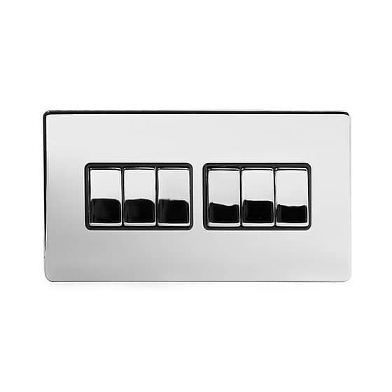 The Finsbury Collection Polished Chrome 6 Gang 2 Way 10A Light Switch Blk Ins Screwless