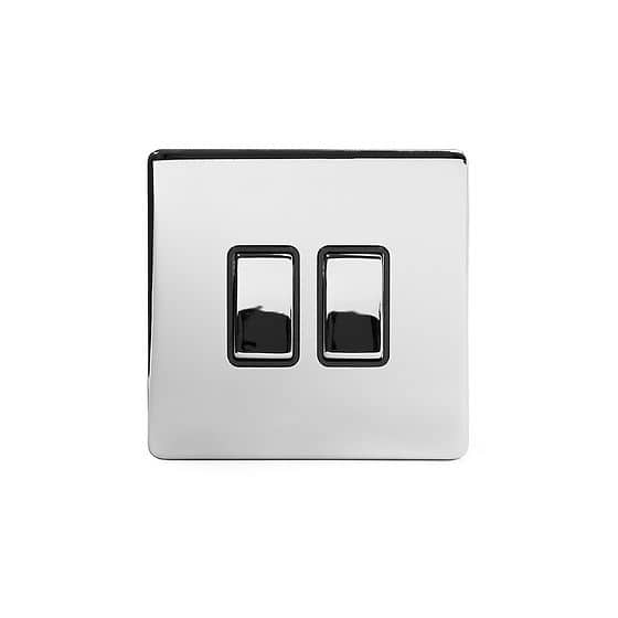 The Finsbury Collection Polished Chrome 2 Gang Intermediate Switch Black Ins 10A Screwless