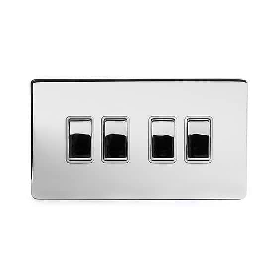 The Finsbury Collection Polished Chrome 4 Gang 2 Way 10A Light Switch Wht Ins Screwless