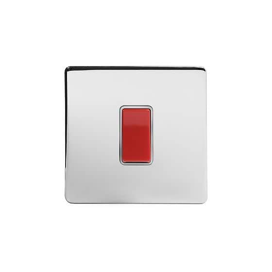 The Finsbury Collection Polished Chrome 45A 1 Gang Double Pole Switch Single Plate Wht Ins Screwless