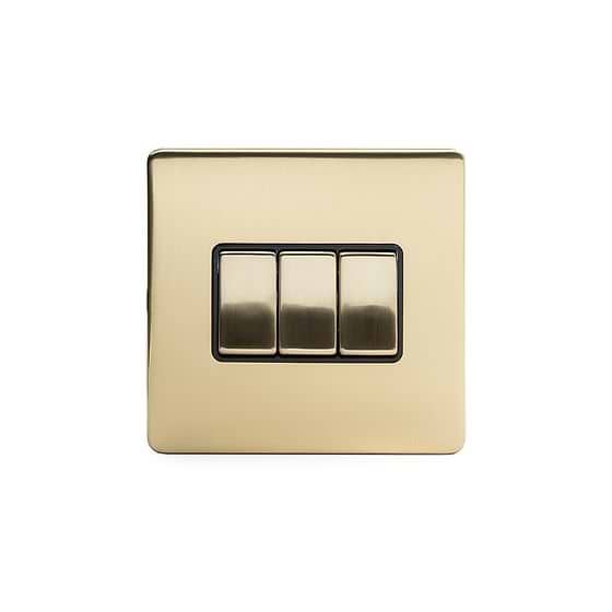 The Savoy Collection Brushed Brass 3 Gang 2 Way 10A Light Switch Blk Ins Screwless