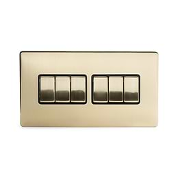 24k Brushed Brass 6 Gang 2 Way Switch with Black Insert