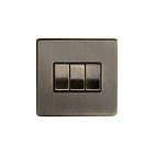 The Charterhouse Collection Antique Brass 3 Gang 2 Way 10A Light Switch Blk Ins Screwless