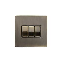 The Charterhouse Collection Antique Brass 3 Gang 2 Way 10A Light Switch Blk Ins Screwless