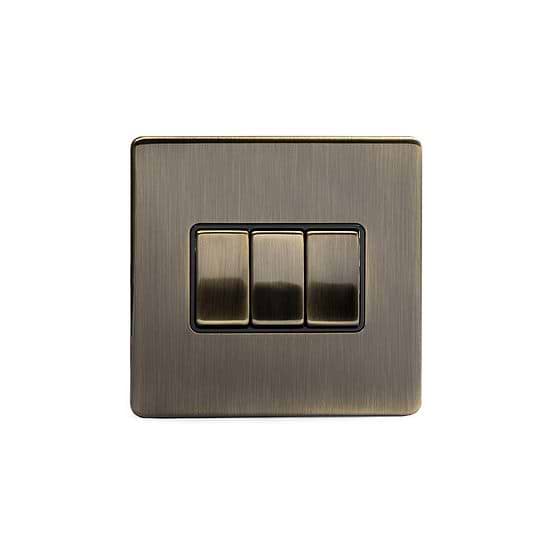 The Charterhouse Collection 3 Gang 2 Way 10A Light Switch Blk Ins Screwless Antique Brass