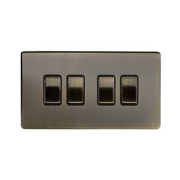 The Charterhouse Collection Antique Brass 4 Gang 2 Way 10A Light Switch Blk Ins Screwless