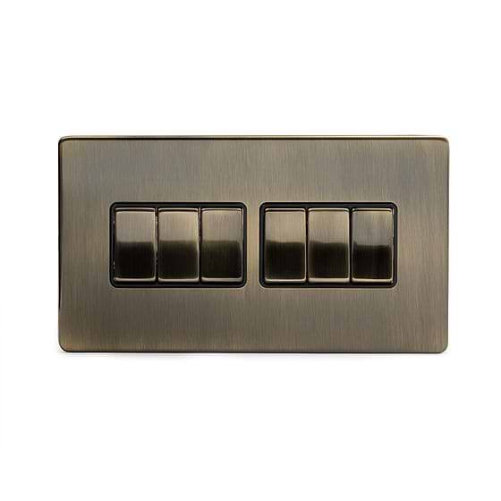 The Charterhouse Collection 6 Gang 2 Way 10A Light Switch Blk Ins Screwless Antique Brass