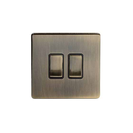 The Charterhouse Collection Antique Brass 2 Gang Intermediate Switch Black Ins 10A Screwless