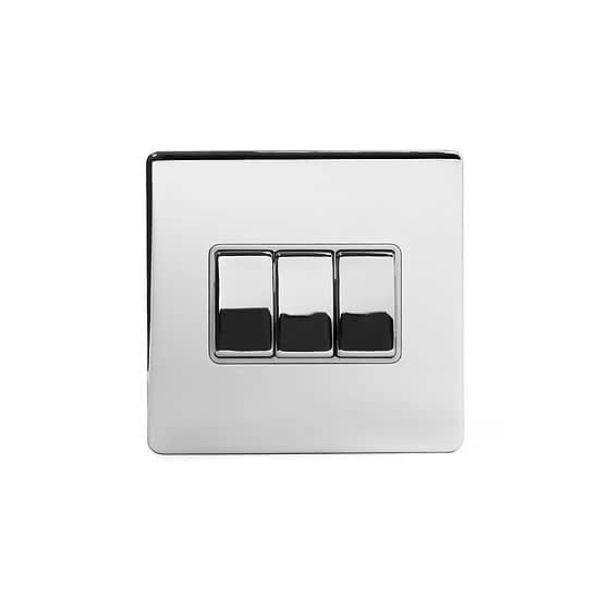 The Finsbury Collection Polished Chrome 3 Gang Intermediate switch Wht Ins Screwless