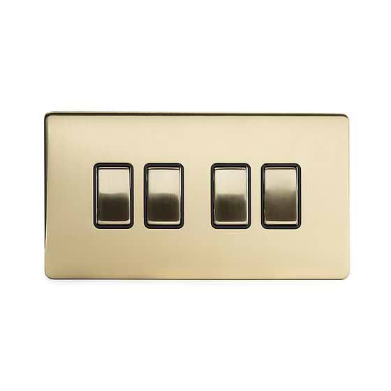 The Savoy Collection Brushed Brass 4 Gang Intermediate switch Blk Ins Screwless
