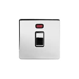 The Finsbury Collection Polished Chrome 20A 1 Gang Double Pole Switch With Neon Blk Ins Screwless
