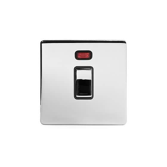 The Finsbury Collection Polished Chrome 20A 1 Gang Double Pole Switch With Neon Blk Ins Screwless