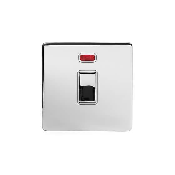 The Finsbury Collection Polished Chrome 20A 1 Gang Double Pole Switch With Neon Wht Ins Screwless