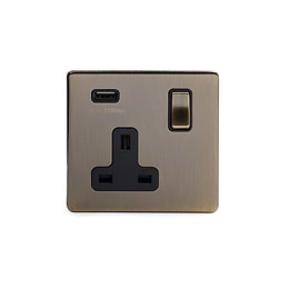 The Charterhouse Collection Antique Brass 1 Gang 13A DP Socket with USB-A 2.1A