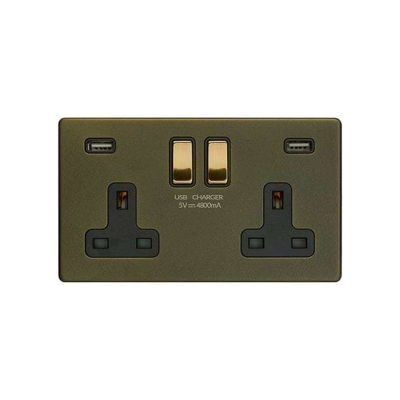 Soho Lighting Bronze & Brushed Brass 2 Gang 13A DP Socket with 2 x USB-A 4.8A