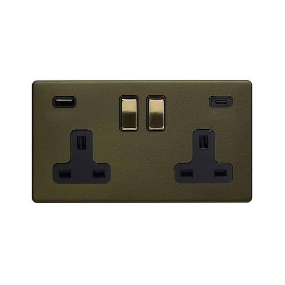 Soho Lighting Bronze & Brushed Brass 2 Gang USB  A+C Socket (13A Socket + 2 USB Ports A+C 3.1A)