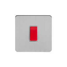 Soho Lighting Brushed Chrome Flat Plate 45A 1 Gang Double Pole Switch Single Plate Wht Ins Screwless