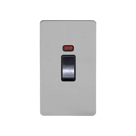 The Lombard Collection Brushed Chrome Flat Plate 45A 1 Gang Double Pole Switch With Neon, Large Plate Blk Ins Screwless