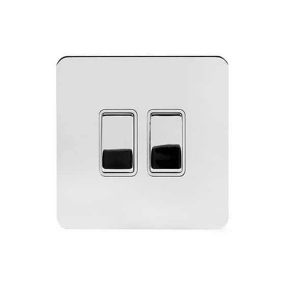 The Finsbury Collection Polished Chrome Flat Plate 10A 2 Gang 2 Way Switch Wht Ins Screwless