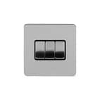 Soho Lighting Brushed Chrome Flat Plate 10A 3 Gang 2 Way Switch Blk Ins Screwless