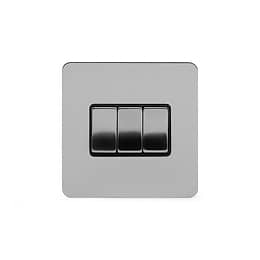 Soho Lighting Brushed Chrome Flat Plate 10A 3 Gang 2 Way Switch Blk Ins Screwless