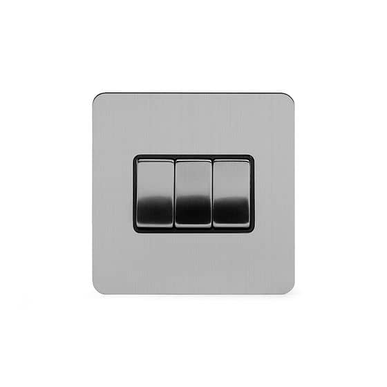 Soho Lighting Brushed Chrome Flat Plate 10A 3 Gang 2 Way Switch Blk Ins Screwless