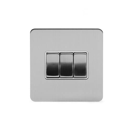 The Lombard Collection Brushed Chrome Flat Plate 10A 3 Gang 2 Way Switch Wht Ins Screwless