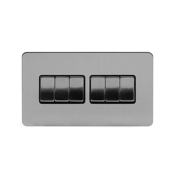 Soho Lighting Brushed Chrome Flat Plate 10A 6 Gang 2 Way Switch Blk Ins Screwless