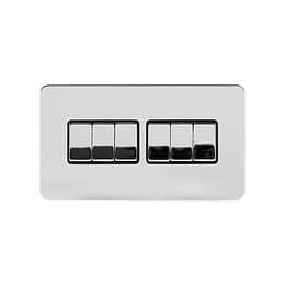 Soho Lighting Polished Chrome Flat Plate 10A 6 Gang 2 Way Switch Blk Ins Screwless