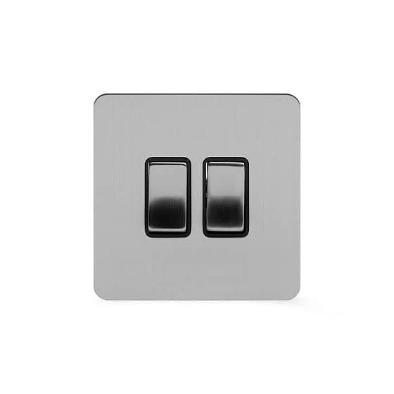 Soho Lighting Brushed Chrome Flat Plate 2 Gang Intermediate Switch Blk Ins Screwless