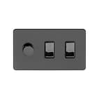 The Connaught Collection Black Nickel Flat Plate 3 Gang Light Switch with 1 Dimmer (2-Way Intelligent Dimmer & 2 x 2-Way Light Switch)