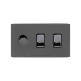 The Connaught Collection Black Nickel Flat Plate 3 Gang Dimmer and Rocker Switch Combo (2-Way Intelligent Dimmer & 2 x 2-Way Light Switch)