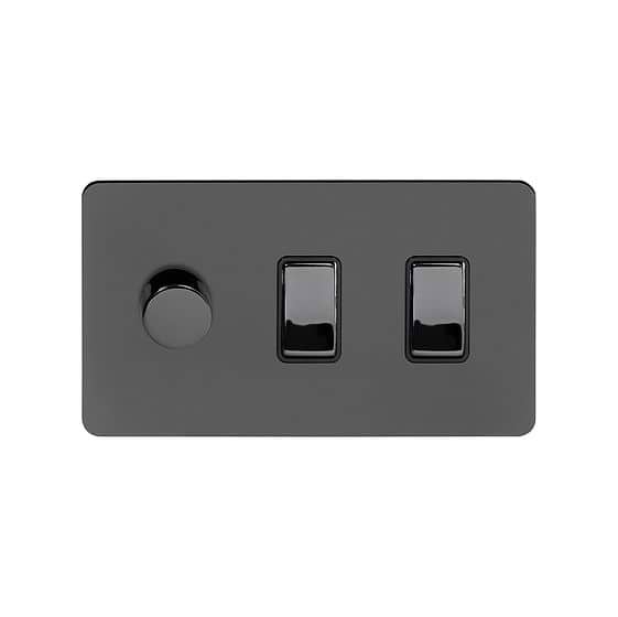 The Connaught Collection Black Nickel Flat Plate 3 Gang Dimmer and Rocker Switch Combo (2-Way Intelligent Dimmer & 2 x 2-Way Light Switch)