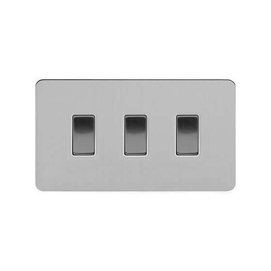 The Lombard Collection Brushed Chrome Flat Plate 10A 3 Gang Switch on Double Plate 2 Way Wht Ins 2 Way Screwless