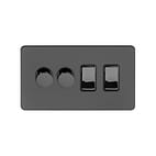 Soho Lighting Black Nickel Flat Plate 4 Gang Switch with 2 Dimmers (2x150W LED Dimmer 2x20A Switch)