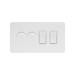 The Eldon Collection White Metal Flat Plate 4 Gang Dimmer and Rocker Switch Combo (2 x 2-Way Intelligent Dimmer & 2 x 2-Way Switch)