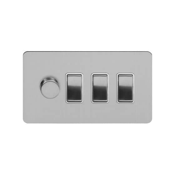 The Lombard Collection Flat Plate Brushed Chrome 4 Gang Switch with 1 Dimmer (1x150W LED Dimmer 3x20A Switch) White Inserts