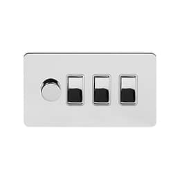 Soho Lighting Polished Chrome Flat Plate 4 Gang Switch with 1 Dimmer (1x150W LED Dimmer 3x20A Switch)