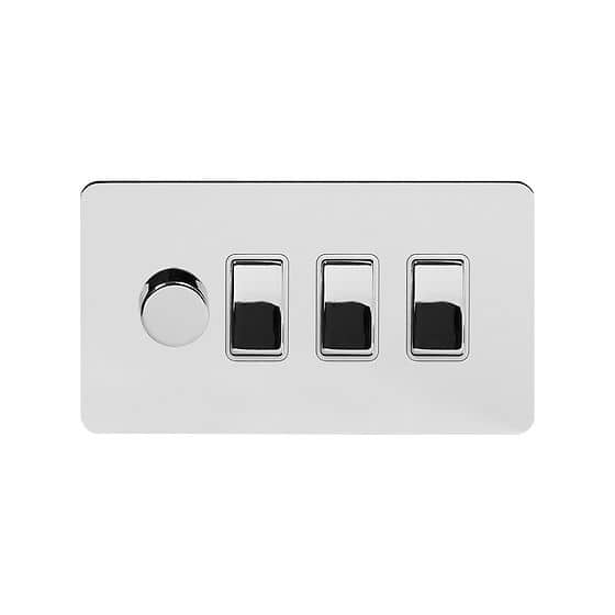 Soho Lighting Polished Chrome Flat Plate 4 Gang Switch with 1 Dimmer (1x150W LED Dimmer 3x20A Switch)